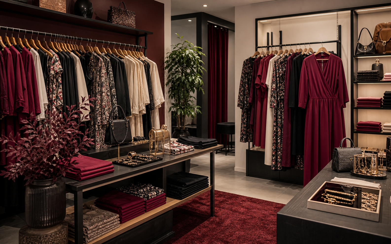 Boutique styling table with folded garments, accessories and fabric textures